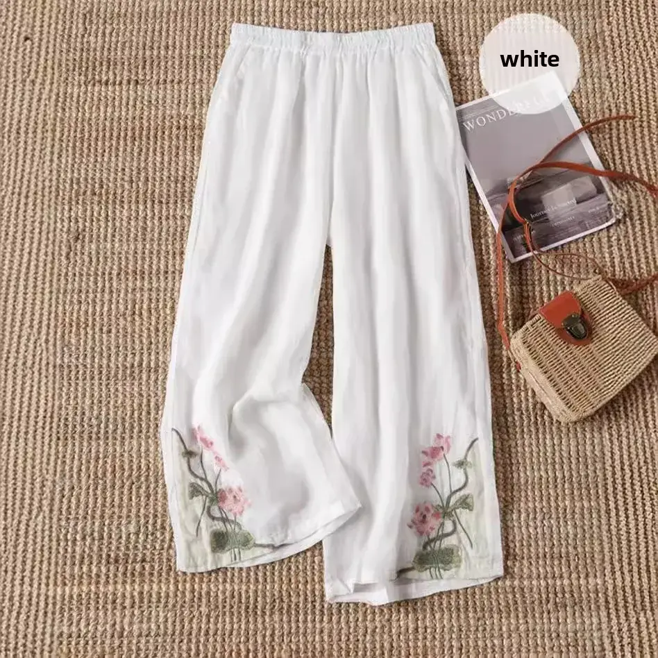 New Summer Chinese Style Loose Fit Embroidered Casual Pants Women's Vintage Bell Bottoms Fashionable Female Clothing