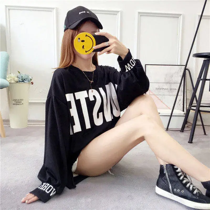 Plus Size Loose Fit Long Sleeve Sweatshirt Women's Jacket Polyester Crew Neck T-Shirt Origin China For Students Fashion