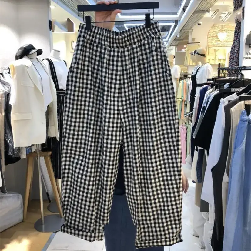 Trendy Plaid Wide Leg Nine-Fit Pants for Women Summer Hot Sale Of The Season Loose Casual Trousers Fashionable Elegant plus Size