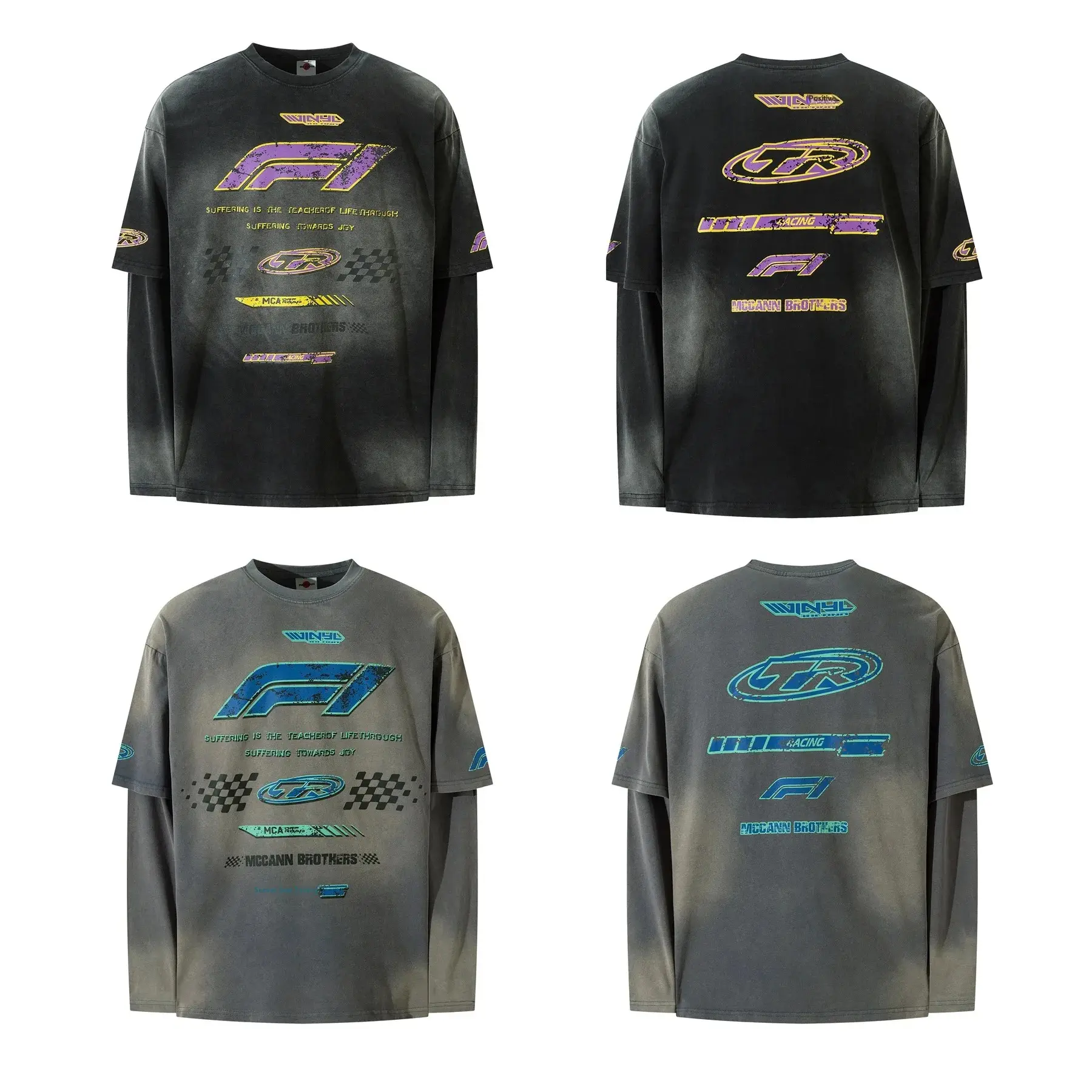 Hand-Painted Long Sleeve T-Shirt Unisex Vintage Crew Neck Top Quality Fake Two-Piece Set High Quality Man Gifts Designer T Shirt