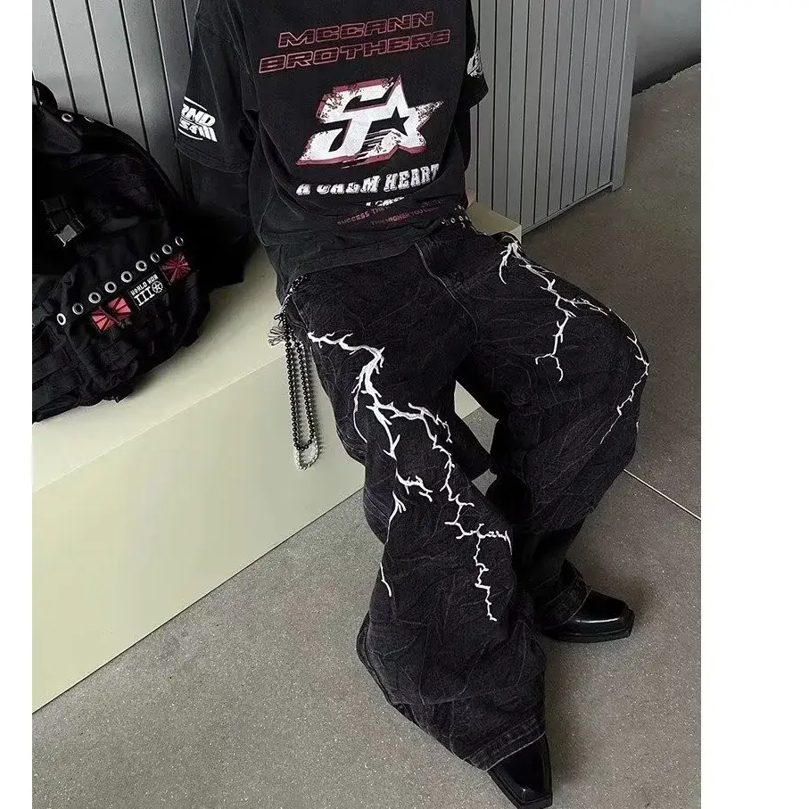 Vintage American Style Embroidered Lightning Bolt Jeans For Men And Women Casual Loose Fit Straight Leg Hip Hop Streetwear