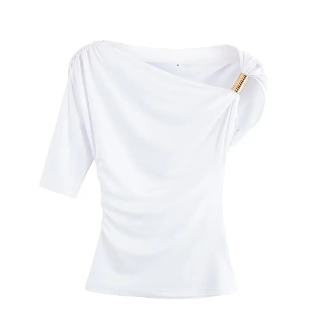 Fashionable Shoulder Baring Metal Buckle Design Slim Fit Short Top for Women Pure Color T Shirt Stylish Spring Summer New Arriva