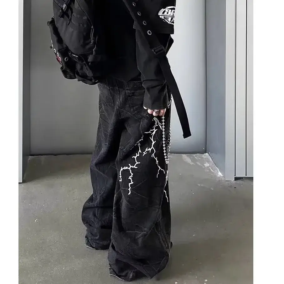 Vintage American Style Embroidered Lightning Bolt Jeans For Men And Women Casual Loose Fit Straight Leg Hip Hop Streetwear