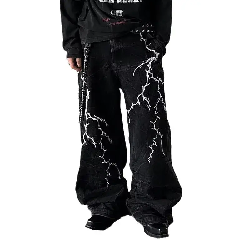 Vintage American Style Embroidered Lightning Bolt Jeans For Men And Women Casual Loose Fit Straight Leg Hip Hop Streetwear