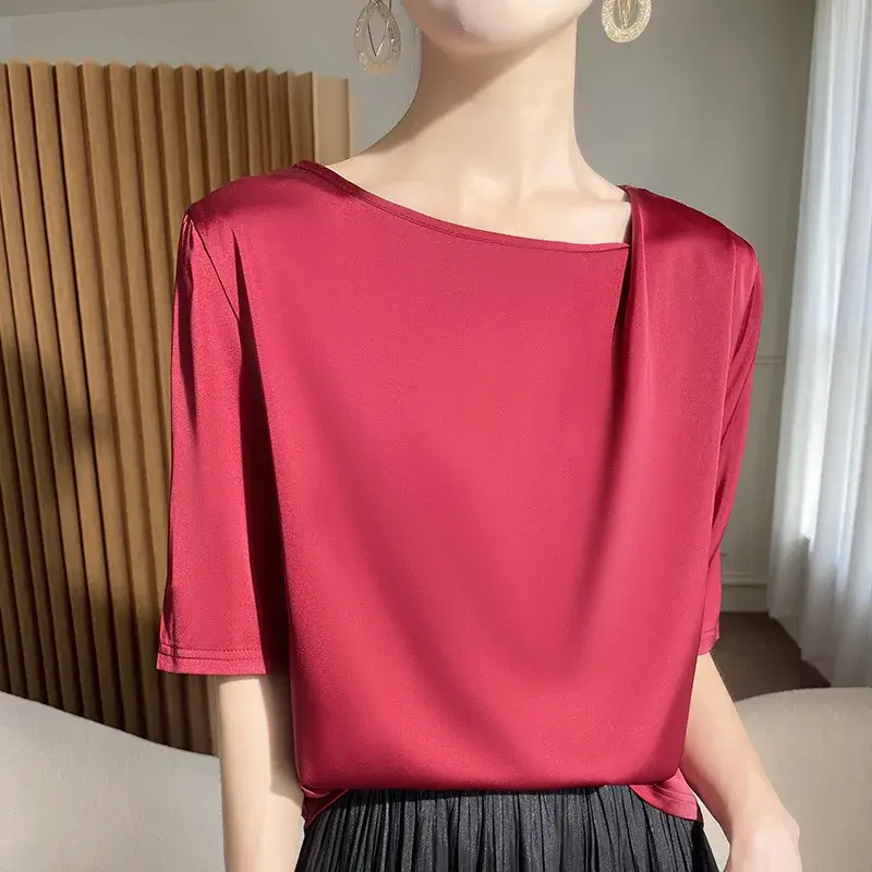 Silk Satin Asymmetric Short Sleeve T-Shirt Women's Acetate Loose Gathered Five Sleeve Top Fashionable Versatile Crew Neck