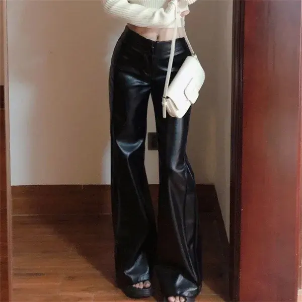 Black Pear-Shaped High-Waisted Plus-Size Wide-Leg PU Leather Pants Women's Bell-Bottom Pants Autumn Season