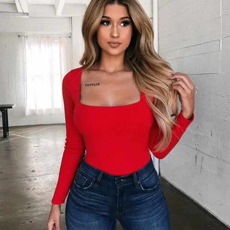 Slim Fit Sexy Long Sleeve Square Collar Casual Women's T-shirt Fashionable Base Layer Top Elasticity Clothing for Ladies