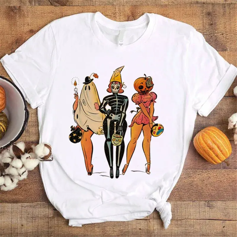 Wish Cross-Border Halloween Sister Print Pattern round Neck Short Sleeve T-Shirt Women's Fun Halloween round Neck Short Sleeve T