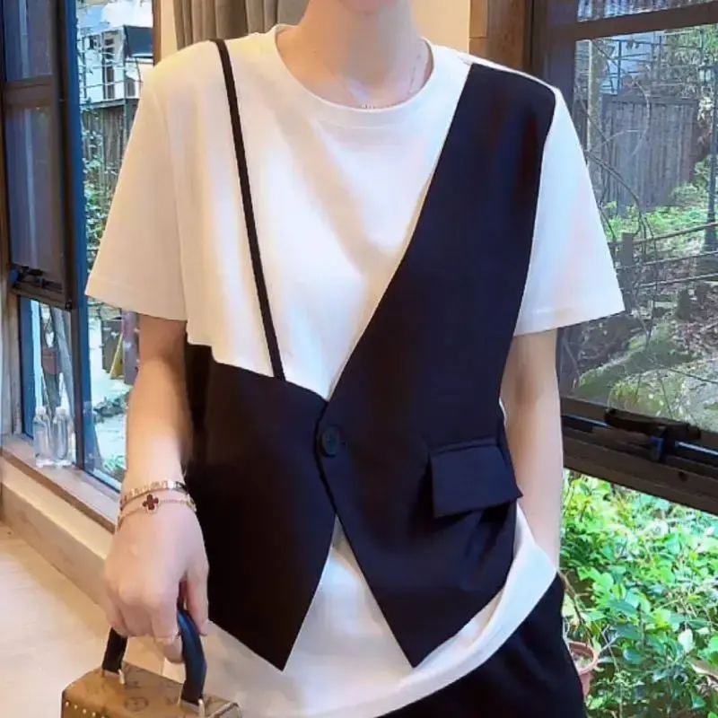 Loose Short Sleeve T-Shirt Women's Fashionable Splice Top Summer New Style Versatile Young-looking Base Layer Shirt