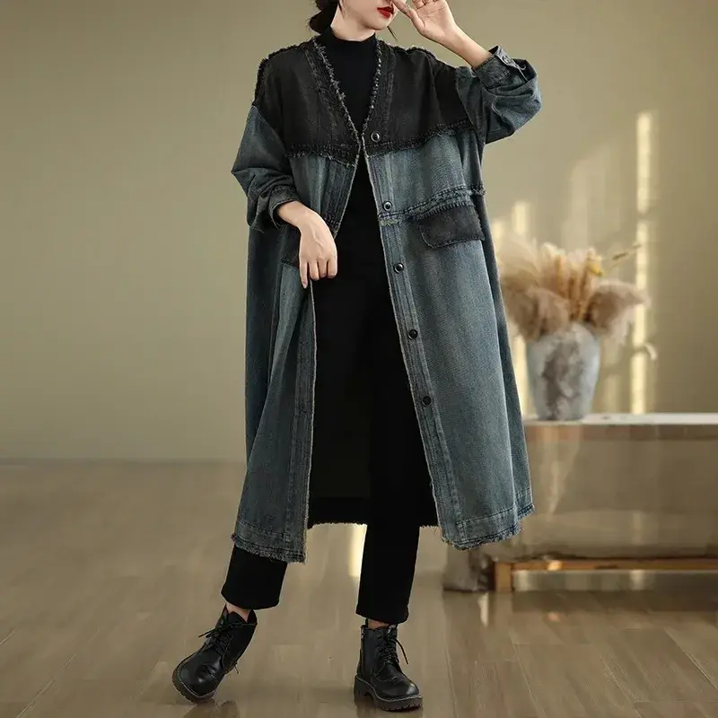 Heavy Duty Washed V-Neck Loose Fit plus Size Retro Casual Denim Jacket Women Trendy Coat with Frayed Hem Mid-Length Outerwear