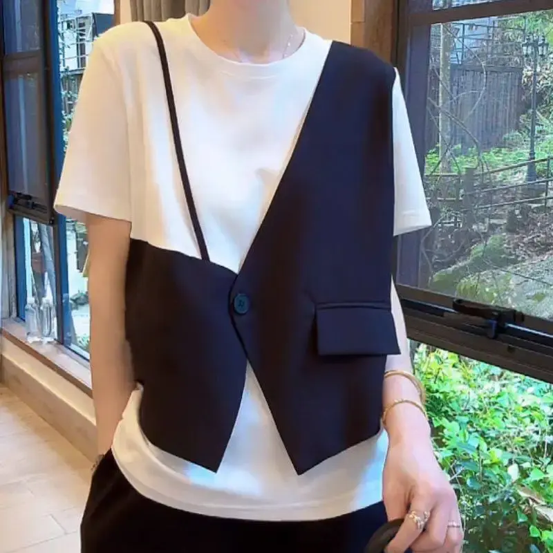 Loose Short Sleeve T-Shirt Women's Fashionable Splice Top Summer New Style Versatile Young-looking Base Layer Shirt