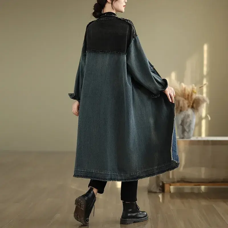 Heavy Duty Washed V-Neck Loose Fit plus Size Retro Casual Denim Jacket Women Trendy Coat with Frayed Hem Mid-Length Outerwear