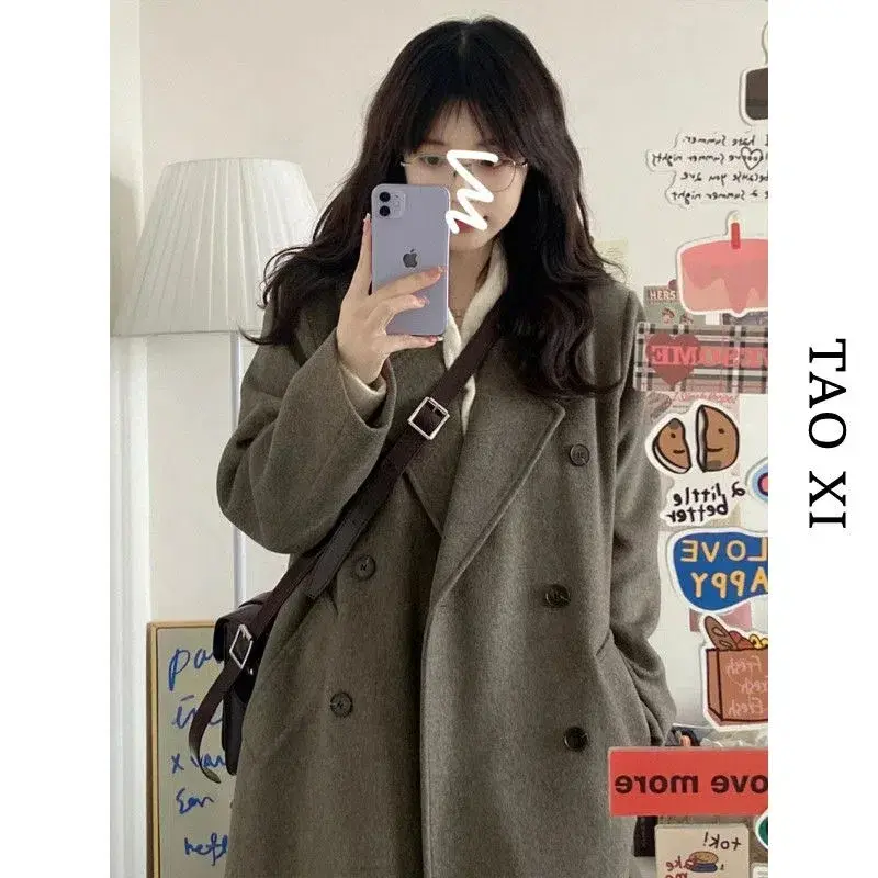 Women's Black Woolen Coat Long Loose Thick Winter Fashion Korean Style Student plus Size Slimming Coat for Cold Weather