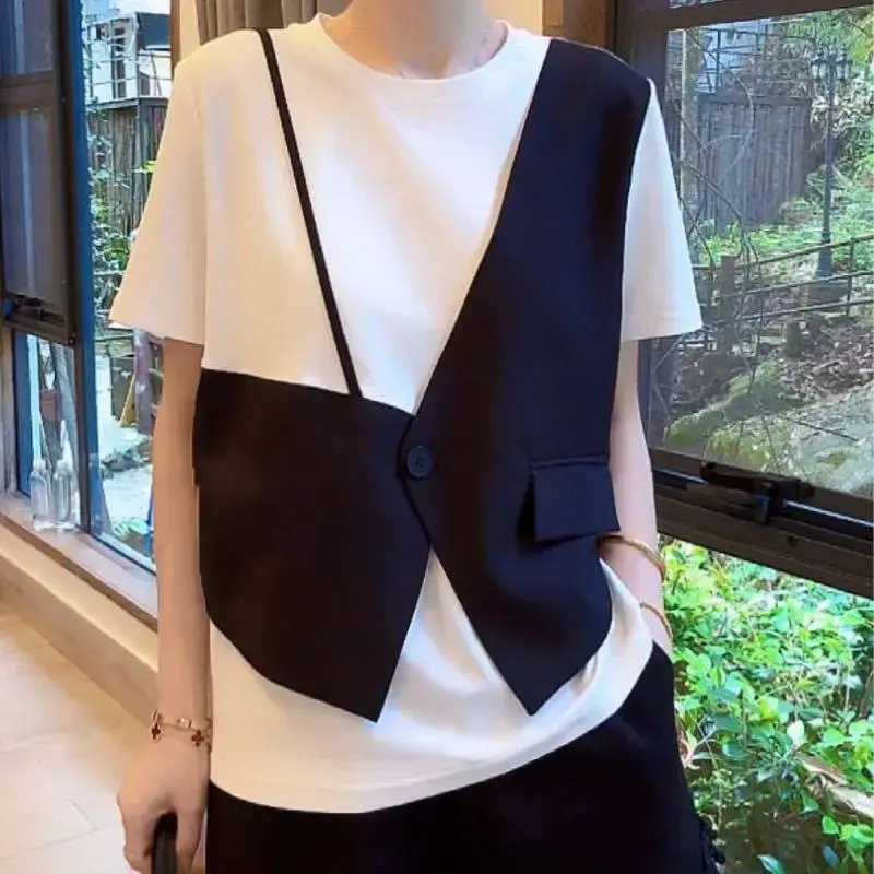 Loose Short Sleeve T-Shirt Women's Fashionable Splice Top Summer New Style Versatile Young-looking Base Layer Shirt