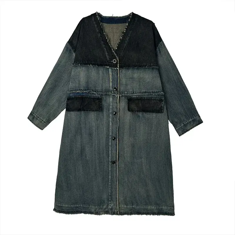 Heavy Duty Washed V-Neck Loose Fit plus Size Retro Casual Denim Jacket Women Trendy Coat with Frayed Hem Mid-Length Outerwear