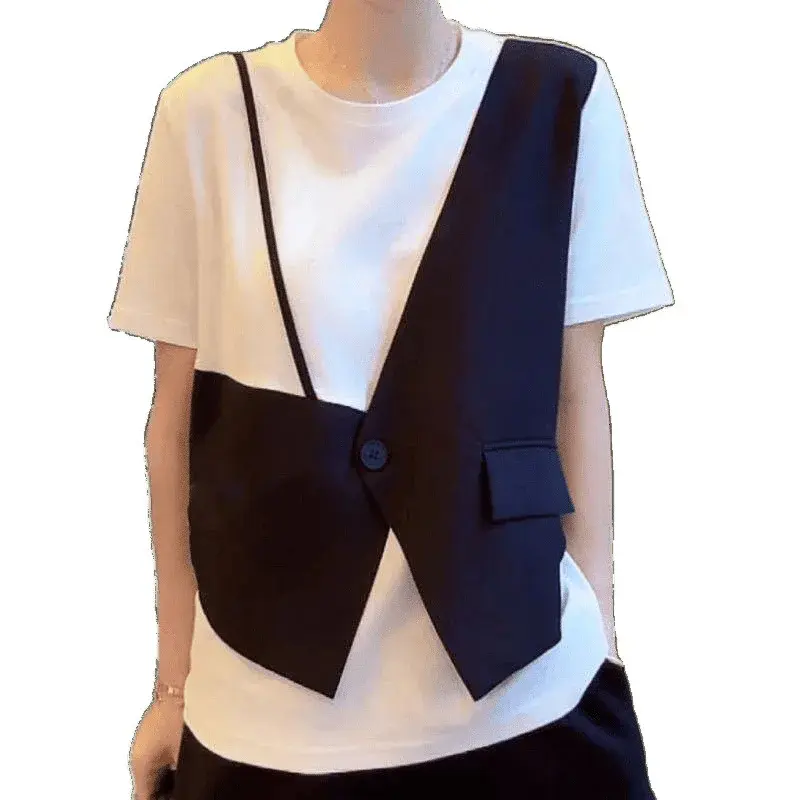 Loose Short Sleeve T-Shirt Women's Fashionable Splice Top Summer New Style Versatile Young-looking Base Layer Shirt