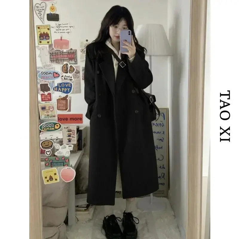 Women's Black Woolen Coat Long Loose Thick Winter Fashion Korean Style Student plus Size Slimming Coat for Cold Weather