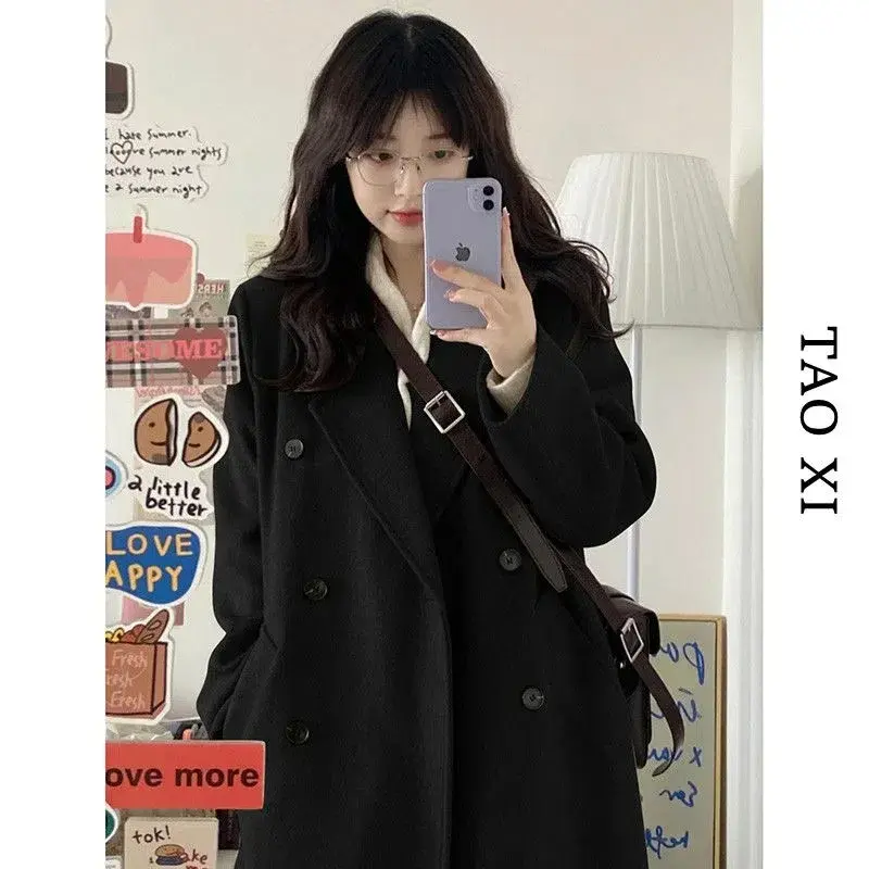 Women's Black Woolen Coat Long Loose Thick Winter Fashion Korean Style Student plus Size Slimming Coat for Cold Weather
