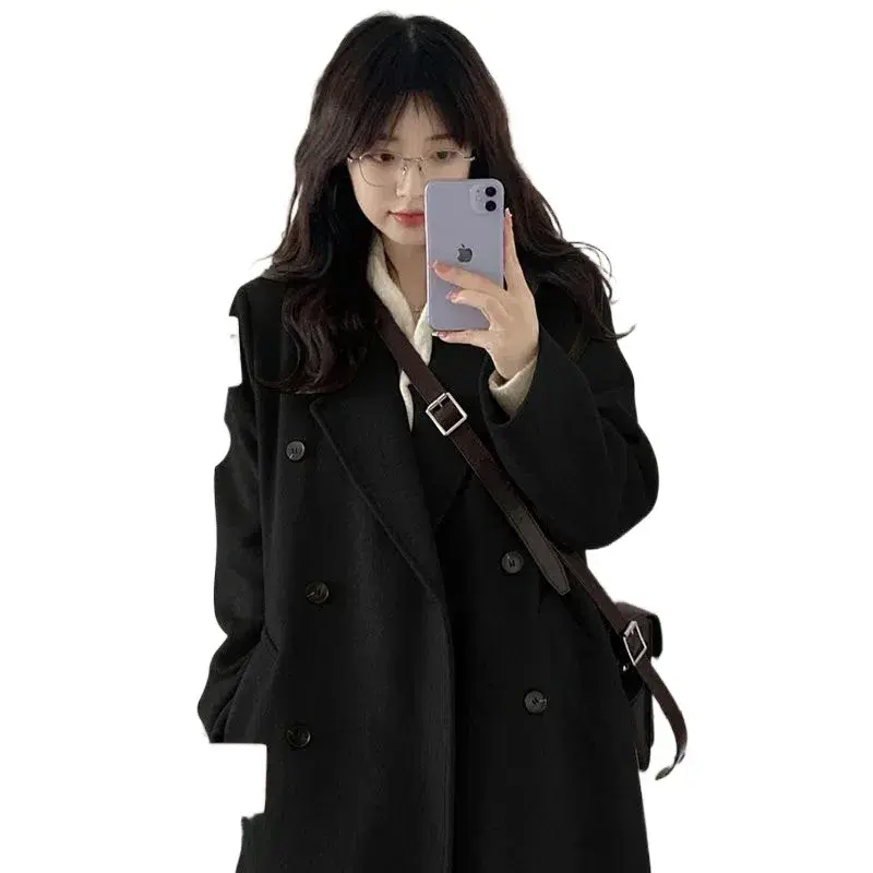 Women's Black Woolen Coat Long Loose Thick Winter Fashion Korean Style Student plus Size Slimming Coat for Cold Weather