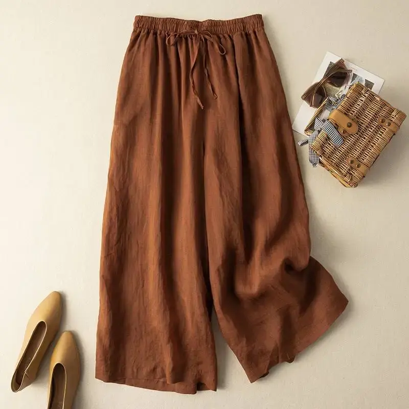 Summer Cotton Linen Drapey Wide Leg Pants Thin High Waist Breathable Casual Loose Fit Nine Point Skirt Pants Women's Long Trouse