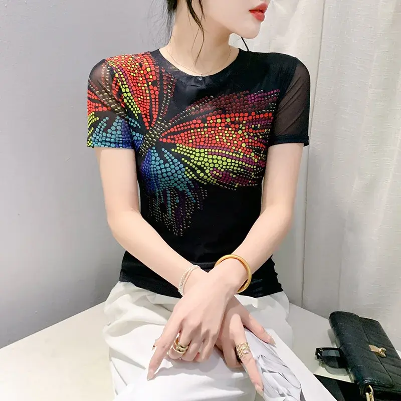 Fashionable Mesh Print Slim Fit Short Sleeve Crew Neck Summer Top Trendy European Style T-Shirt Comfortable Spandex Material
