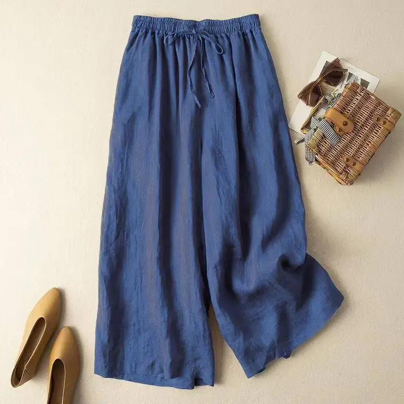 Summer Cotton Linen Drapey Wide Leg Pants Thin High Waist Breathable Casual Loose Fit Nine Point Skirt Pants Women's Long Trouse