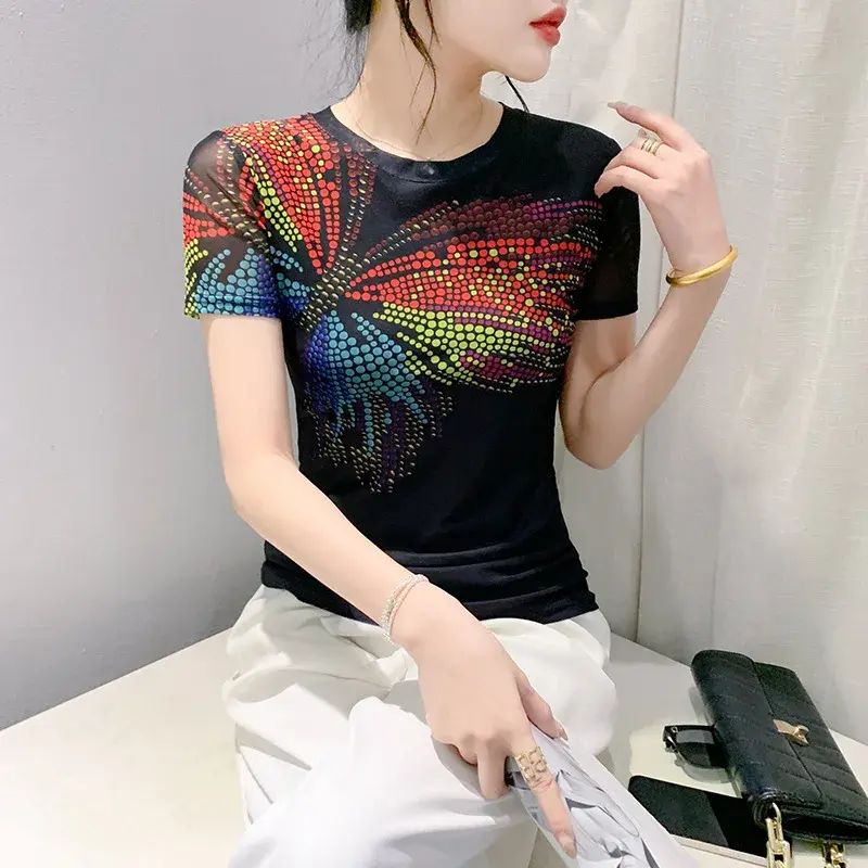 Fashionable Mesh Print Slim Fit Short Sleeve Crew Neck Summer Top Trendy European Style T-Shirt Comfortable Spandex Material
