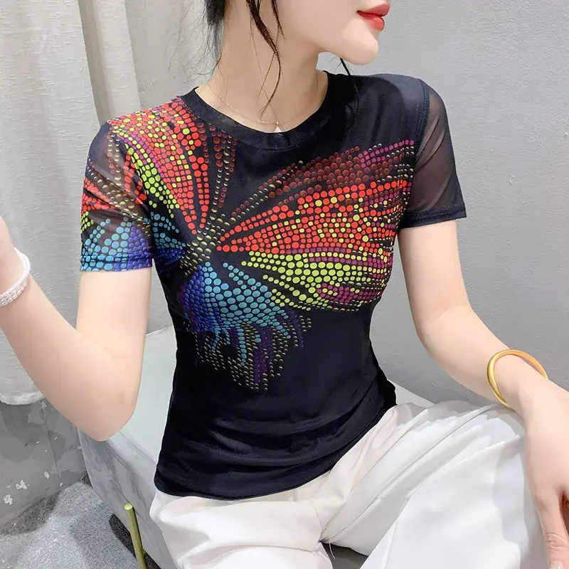 Fashionable Mesh Print Slim Fit Short Sleeve Crew Neck Summer Top Trendy European Style T-Shirt Comfortable Spandex Material