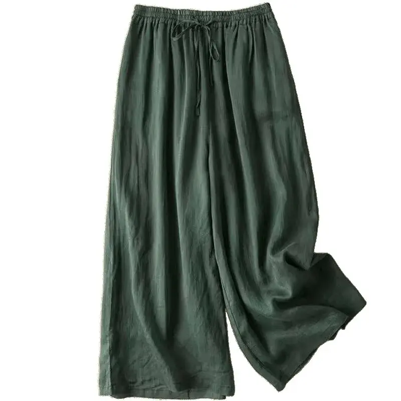 Summer Cotton Linen Drapey Wide Leg Pants Thin High Waist Breathable Casual Loose Fit Nine Point Skirt Pants Women's Long Trouse
