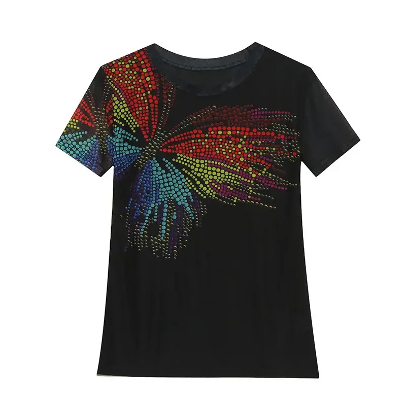 Fashionable Mesh Print Slim Fit Short Sleeve Crew Neck Summer Top Trendy European Style T-Shirt Comfortable Spandex Material