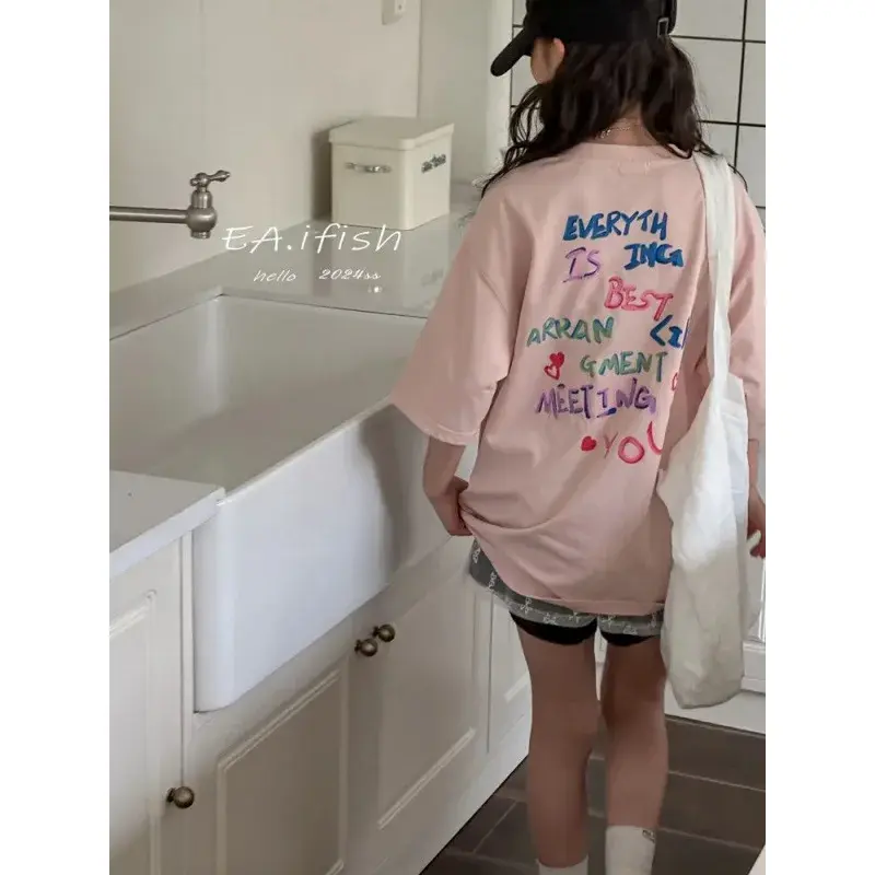 Girls Half Sleeve T-Shirt Summer Fashionable Short Sleeve Crew Neck Cotton Top Children's Clothing Summer Style Kids' Tee
