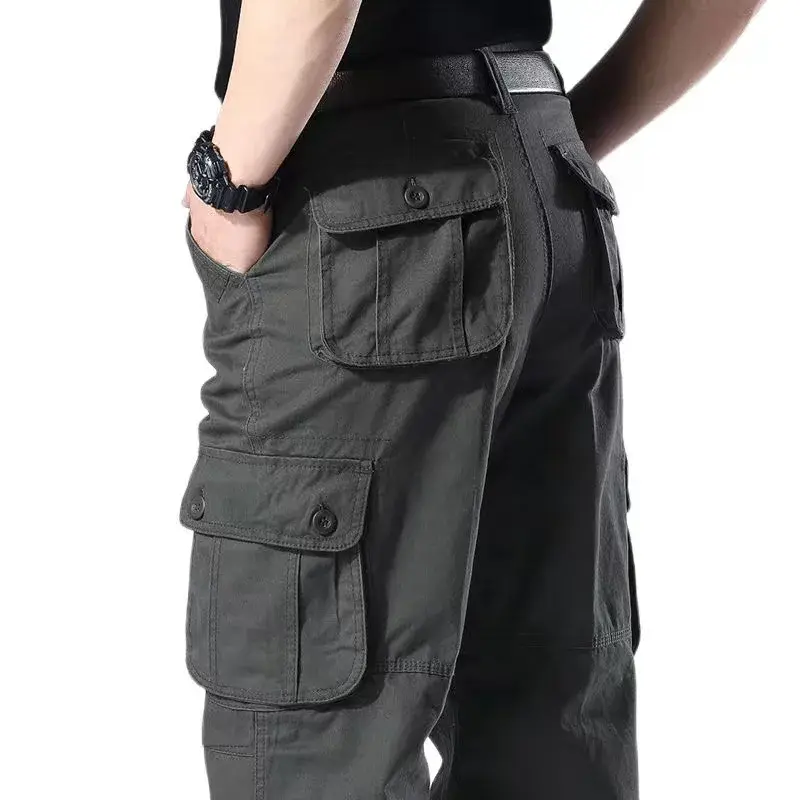 Men's Casual Cotton Cargo Pants Elastic Waist Plus Size Loose Fit Multi-Pocket Construction Work Pants
