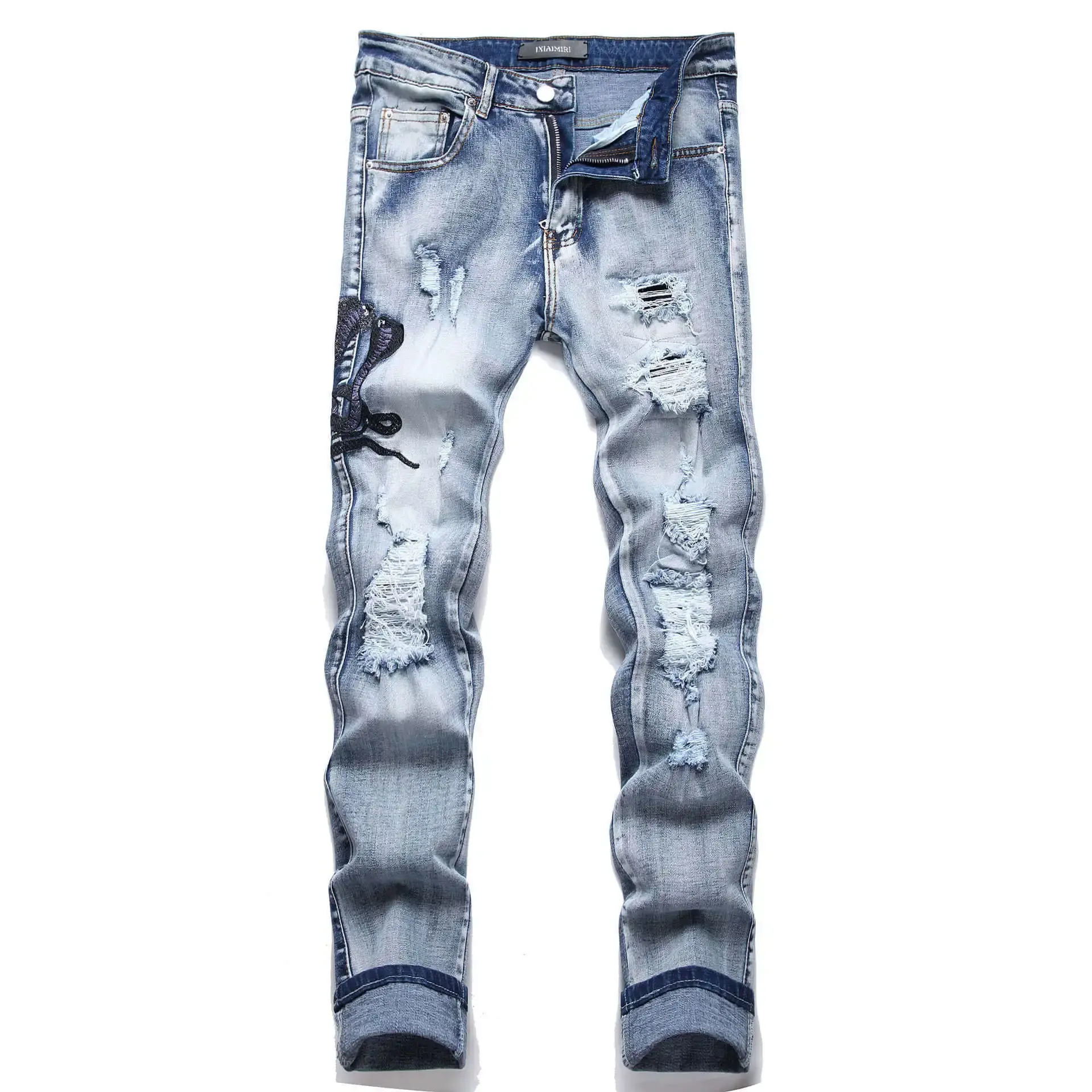 Blue Eyed Snake Embroidery Street Style Jeans For Teenagers Elastic Waist Cotton Material Casual Scene Suitable