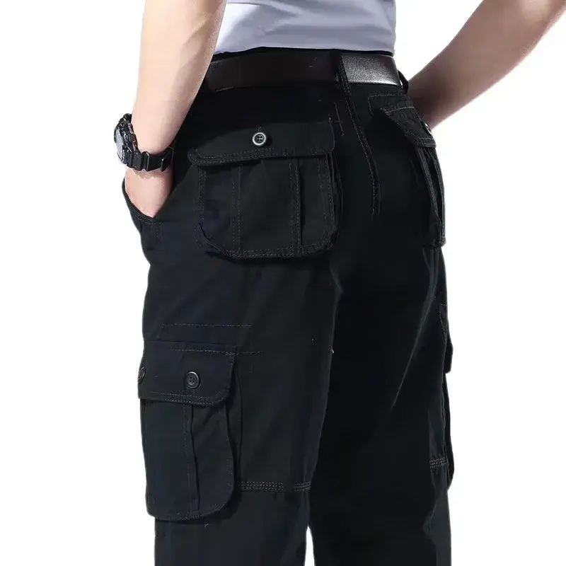Men's Casual Cotton Cargo Pants Elastic Waist Plus Size Loose Fit Multi-Pocket Construction Work Pants