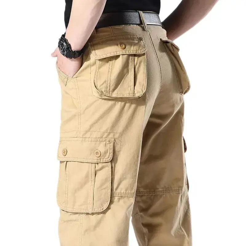 Men's Casual Cotton Cargo Pants Elastic Waist Plus Size Loose Fit Multi-Pocket Construction Work Pants