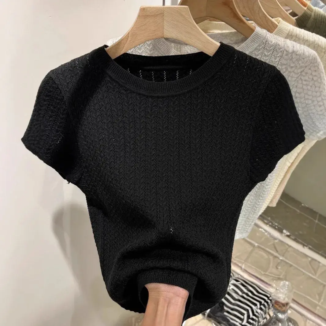 Women's Short Sleeve Knitted T-Shirt Hollow out Design Summer Fashion Small Shirt Top Polyester Fiber Crew Neck Knitwear