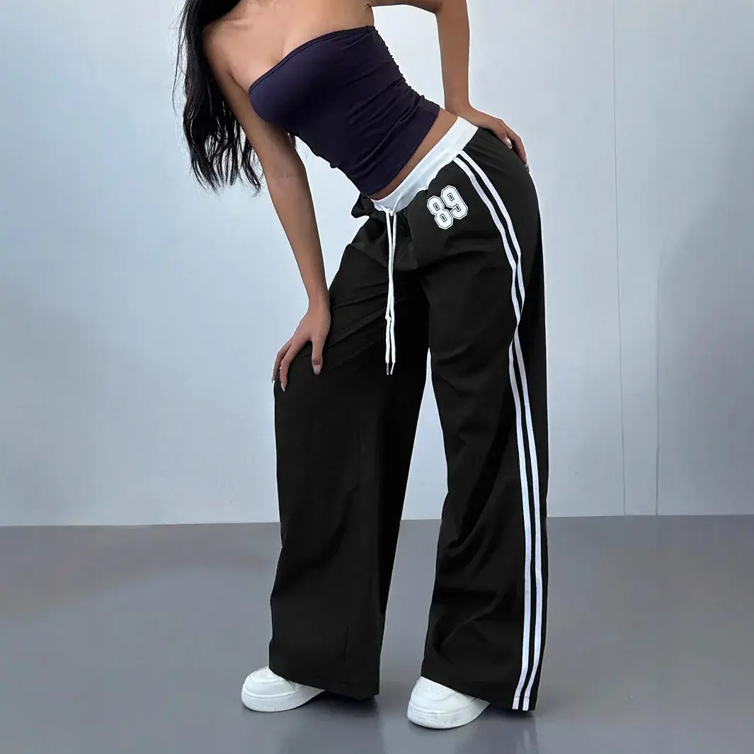 High Waist Wide Leg Casual Pants Drawstring Color Block Straight Cut Spring Summer New Arrival Loose Fit Trousers