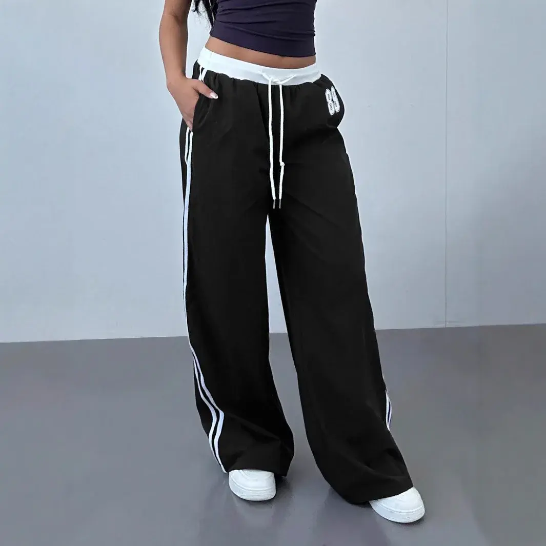 High Waist Wide Leg Casual Pants Drawstring Color Block Straight Cut Spring Summer New Arrival Loose Fit Trousers