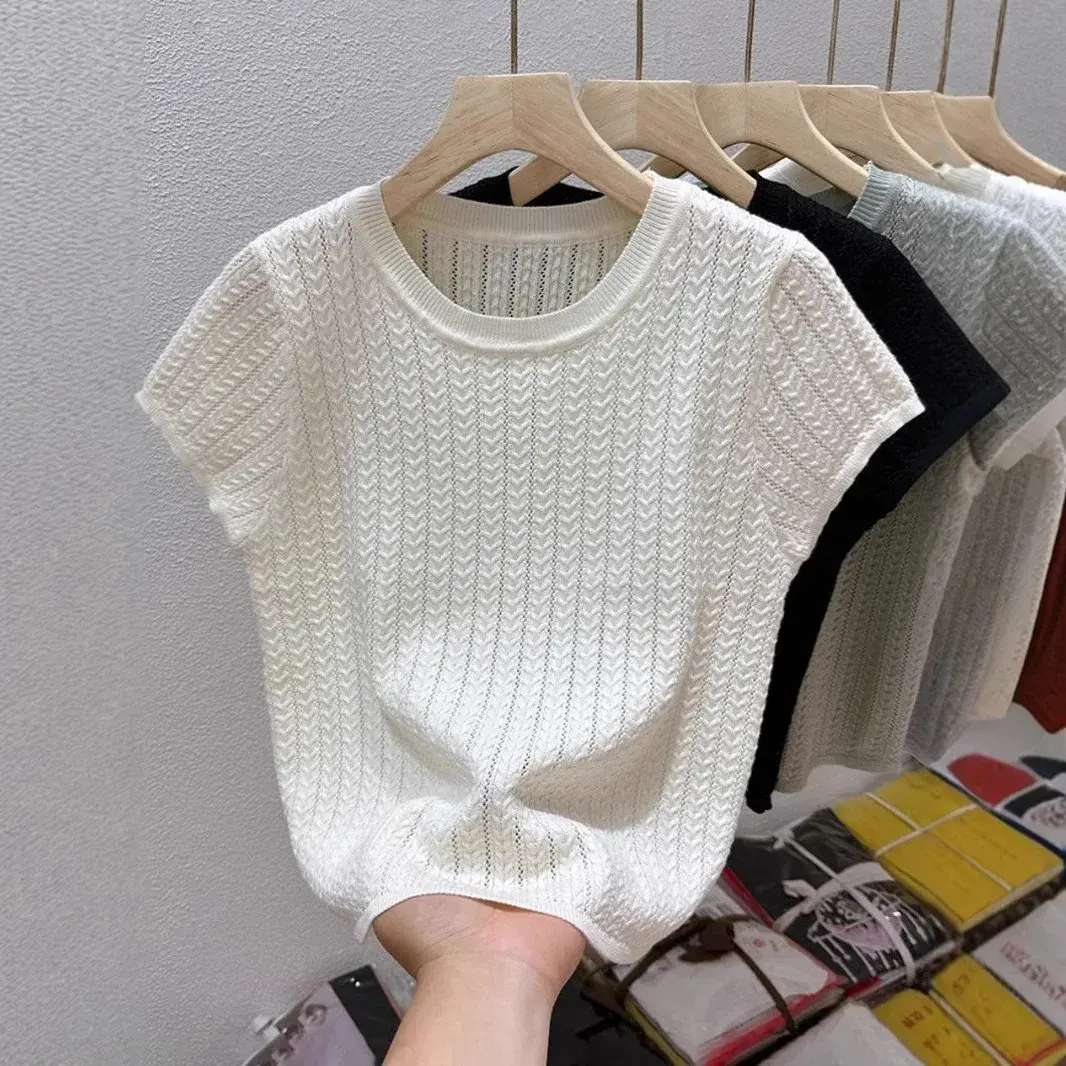 Women's Short Sleeve Knitted T-Shirt Hollow out Design Summer Fashion Small Shirt Top Polyester Fiber Crew Neck Knitwear