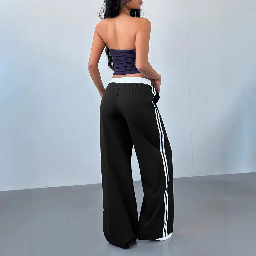 High Waist Wide Leg Casual Pants Drawstring Color Block Straight Cut Spring Summer New Arrival Loose Fit Trousers