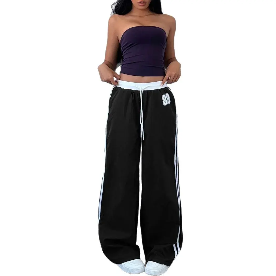 High Waist Wide Leg Casual Pants Drawstring Color Block Straight Cut Spring Summer New Arrival Loose Fit Trousers