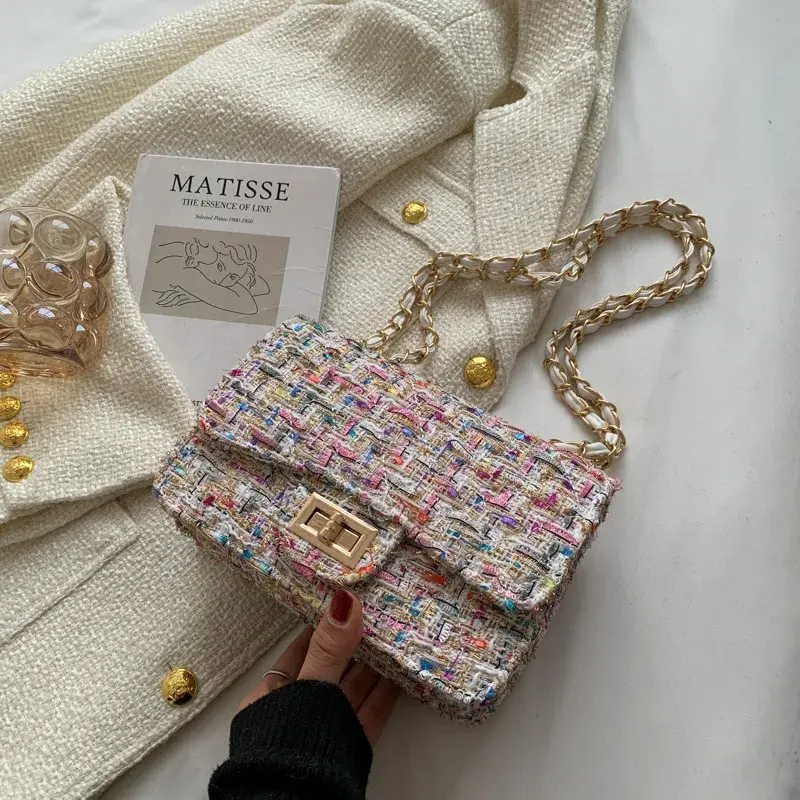 Fashionable Versatile Guangzhou Women's Bag Tweed Style Straw Bag 2023 Korean Version Chain Shoulder Crossbody Motorcycle Equipm