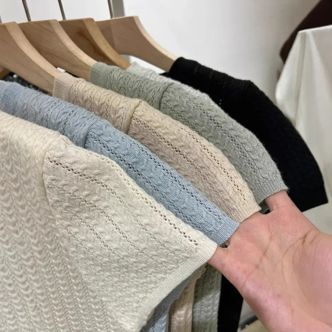 Women's Short Sleeve Knitted T-Shirt Hollow out Design Summer Fashion Small Shirt Top Polyester Fiber Crew Neck Knitwear