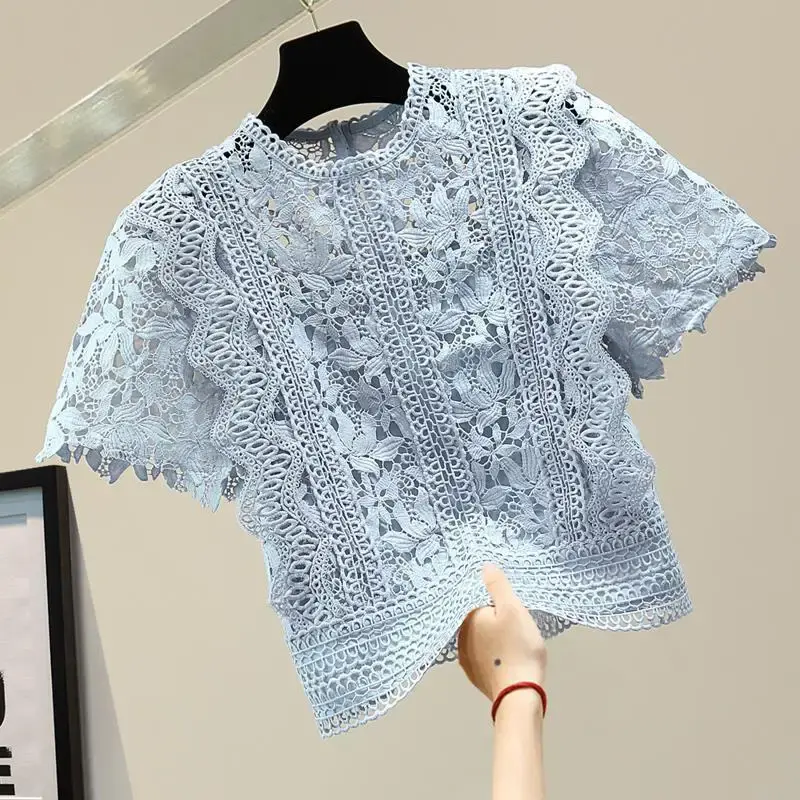 In-Stock Solid Color High-Waisted Short Sleeve T-Shirt 2023 Summer Korean Style Hollow Out Round Neck Women's Cotton Crew Neck T