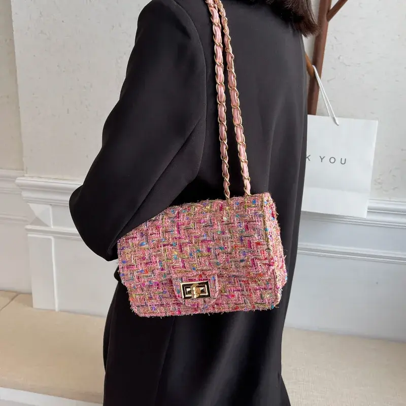 Fashionable Versatile Guangzhou Women's Bag Tweed Style Straw Bag 2023 Korean Version Chain Shoulder Crossbody Motorcycle Equipm
