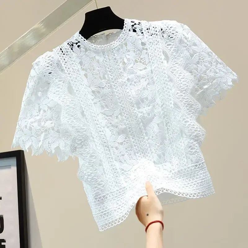 In-Stock Solid Color High-Waisted Short Sleeve T-Shirt 2023 Summer Korean Style Hollow Out Round Neck Women's Cotton Crew Neck T