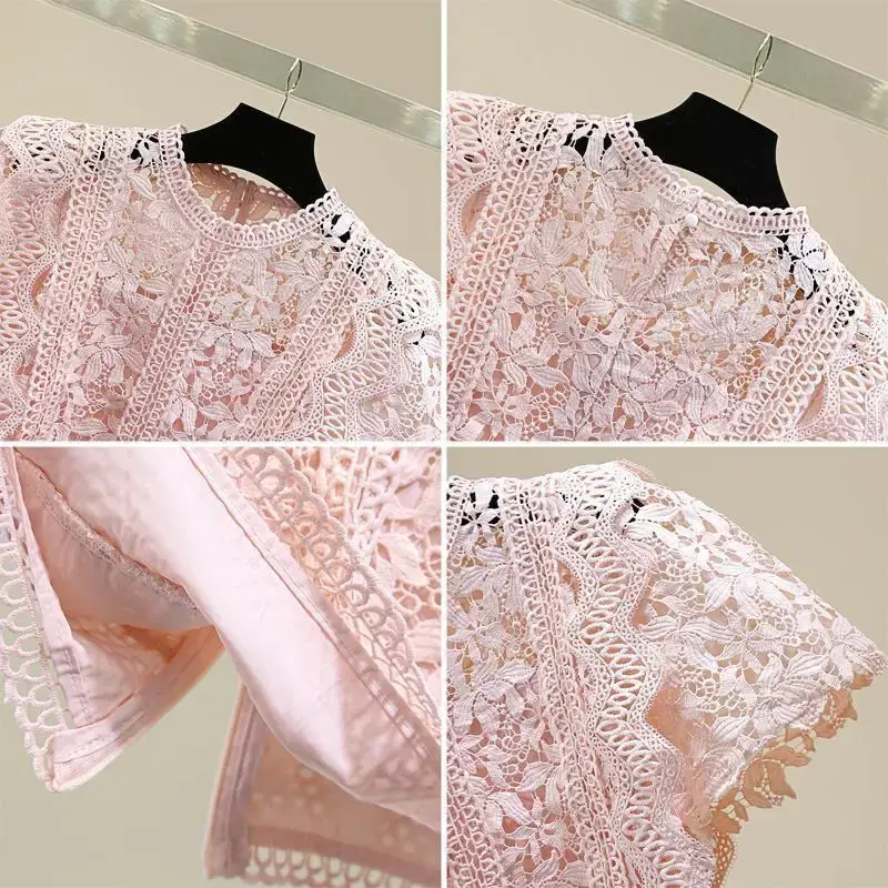 In-Stock Solid Color High-Waisted Short Sleeve T-Shirt 2023 Summer Korean Style Hollow Out Round Neck Women's Cotton Crew Neck T