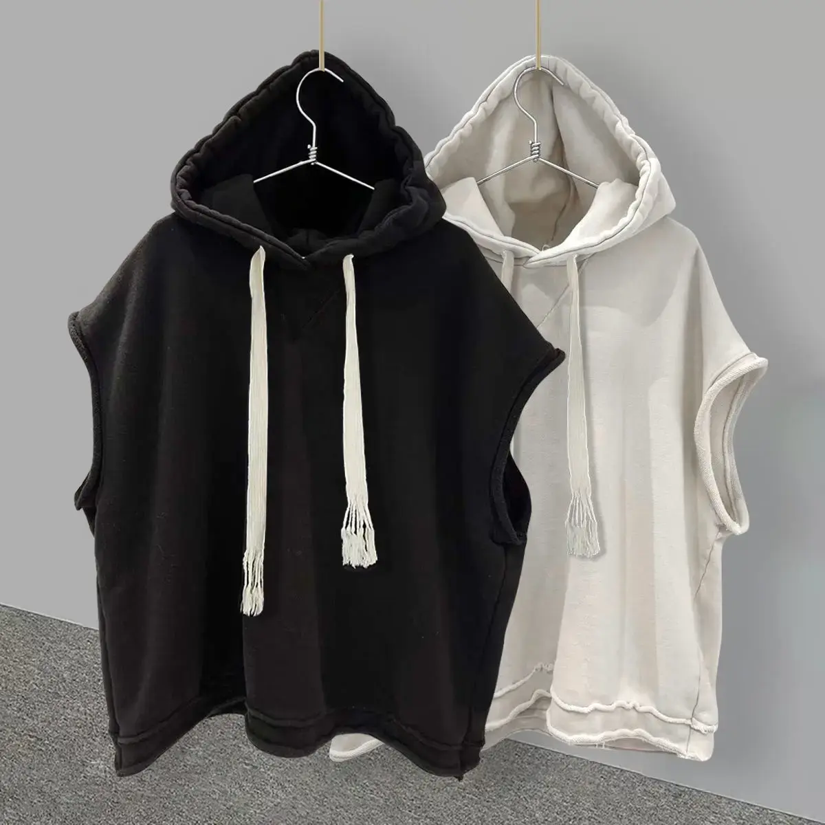 Trendy Solid Color Hooded Men's T-shirt Summer Style Versatile Shoulder Vest Casual Loose Fit Korean Version Ins