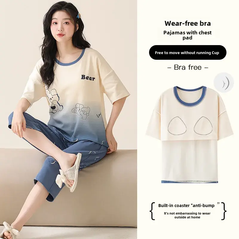 Women's Summer Cotton Pajama Set Chest Pad Short Sleeves Comfortable Sleepwear Two-piece Suit For Home Wear
