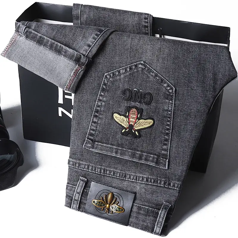 European Style Embroidered Men's Jeans Slim Fit Smooths Your Silhouette Elastic Waist Youth Pants Casual Scene